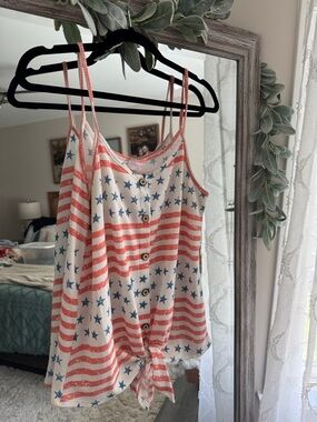 Pink Lily Button-Front Patriotic Star & Stripe Tie-Front Tank